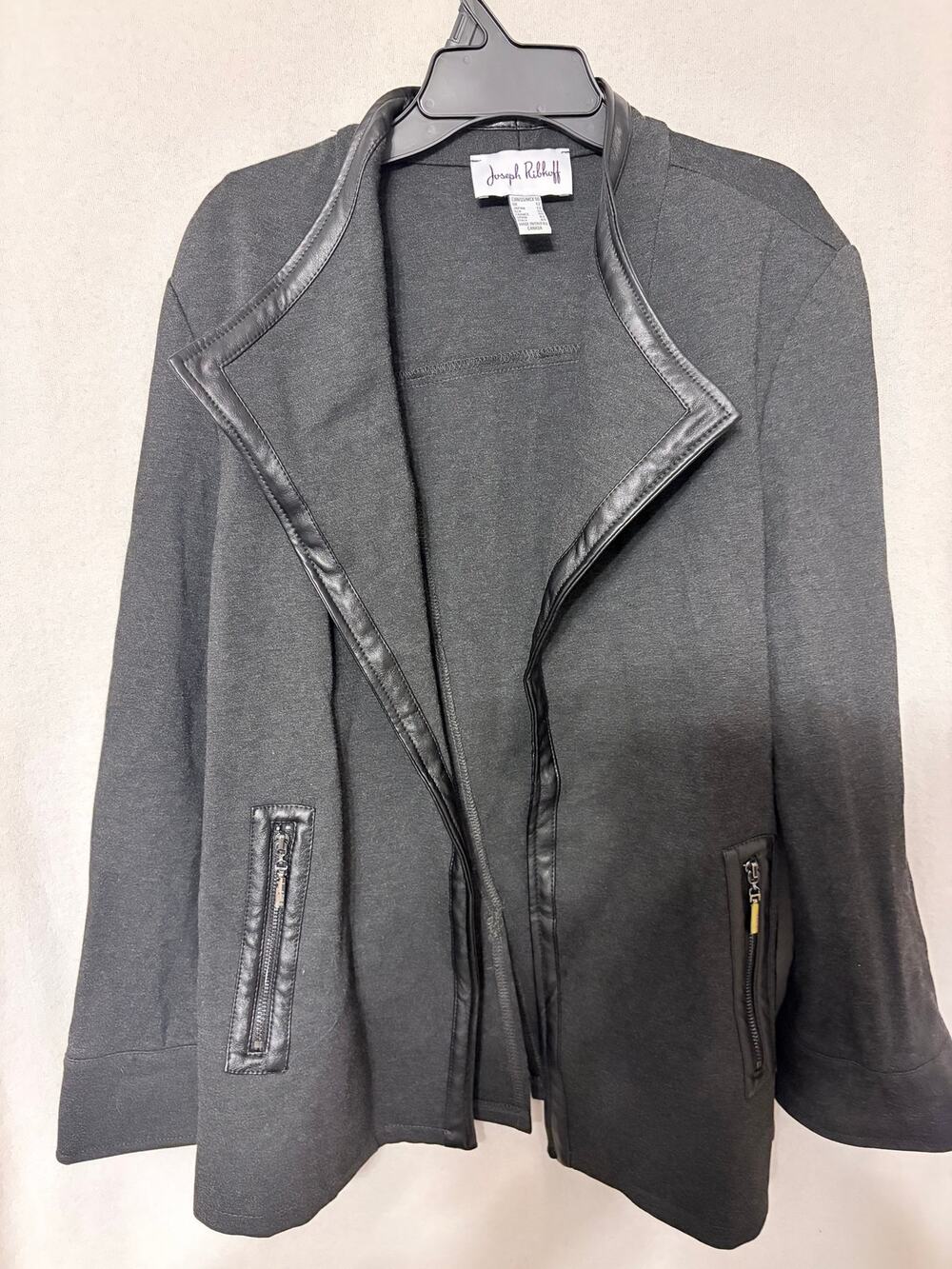 Joseph Ribkoff Dark Gray Open Front Jacket Black Faux Leather Trim Zip Pockets